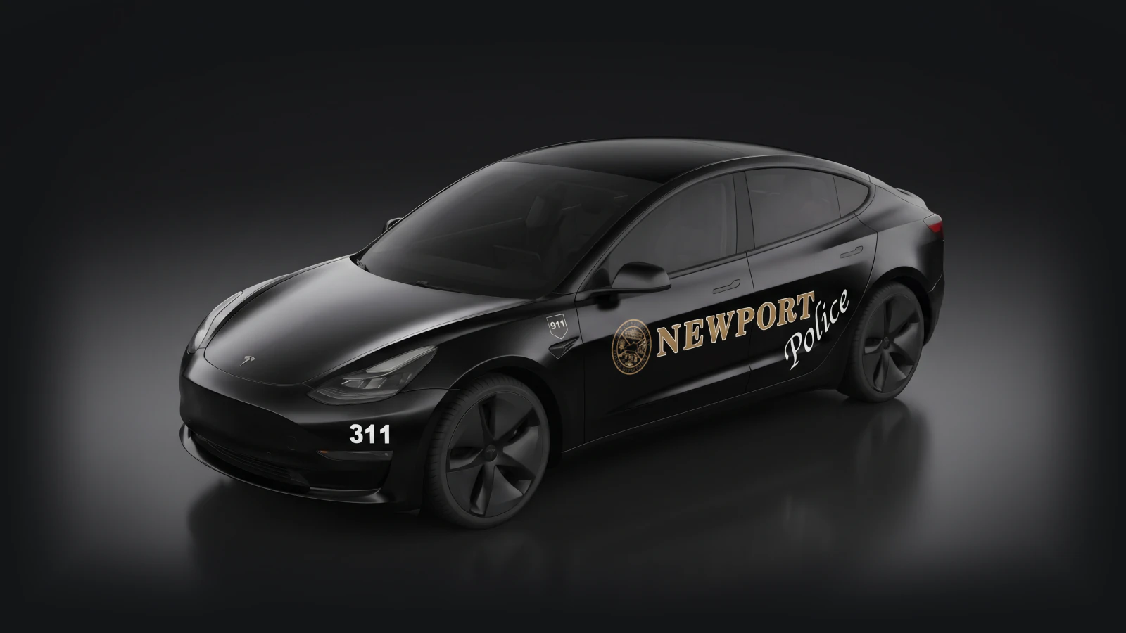 Illustration: a black Tesla Model 3 wearing the Newport Police wrap, with the department seal and gold NEWPORT lettering on the doors, the Police script on the rear door and 311 on the bumper