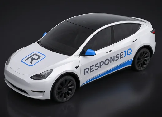 Illustration: a white Tesla Model Y wearing a custom ResponseIQ wrap