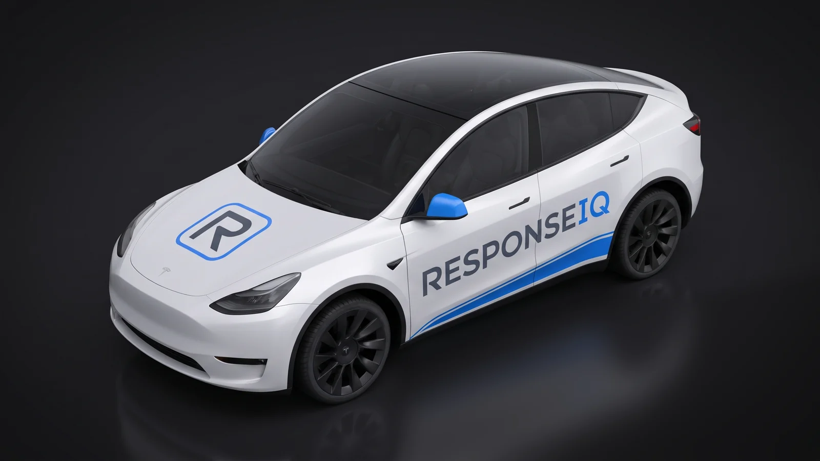 A white Tesla Model Y wearing the ResponseIQ wrap: the ResponseIQ wordmark along the doors, the R icon on the hood, a blue stripe and blue mirror caps